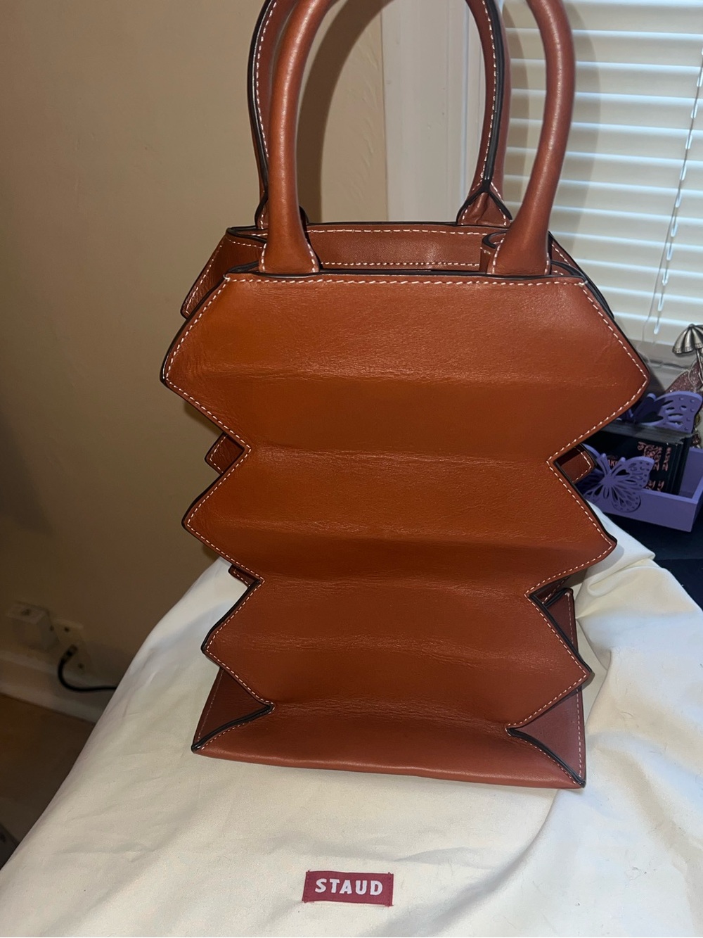 STAUD Cognac Zigzag Sculpted Leather Top-Handle Bag